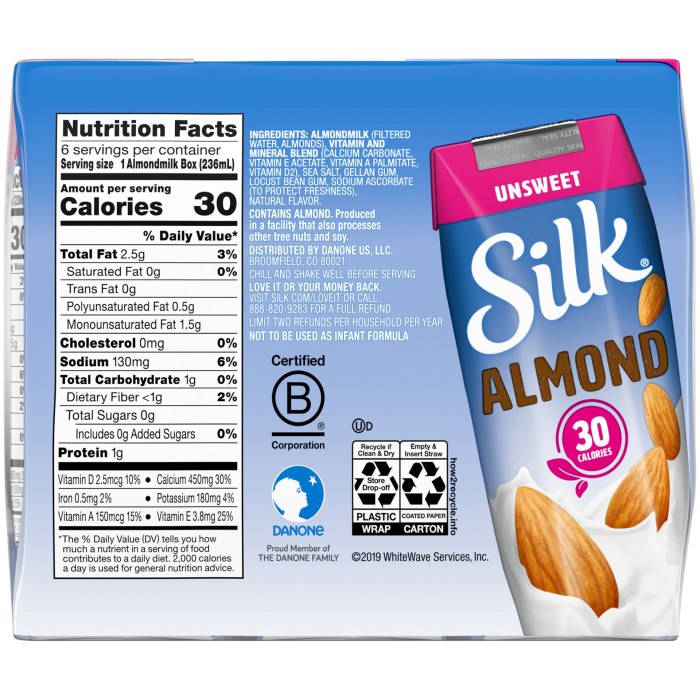 Silk unsweetened vanilla almond milk nutrition facts